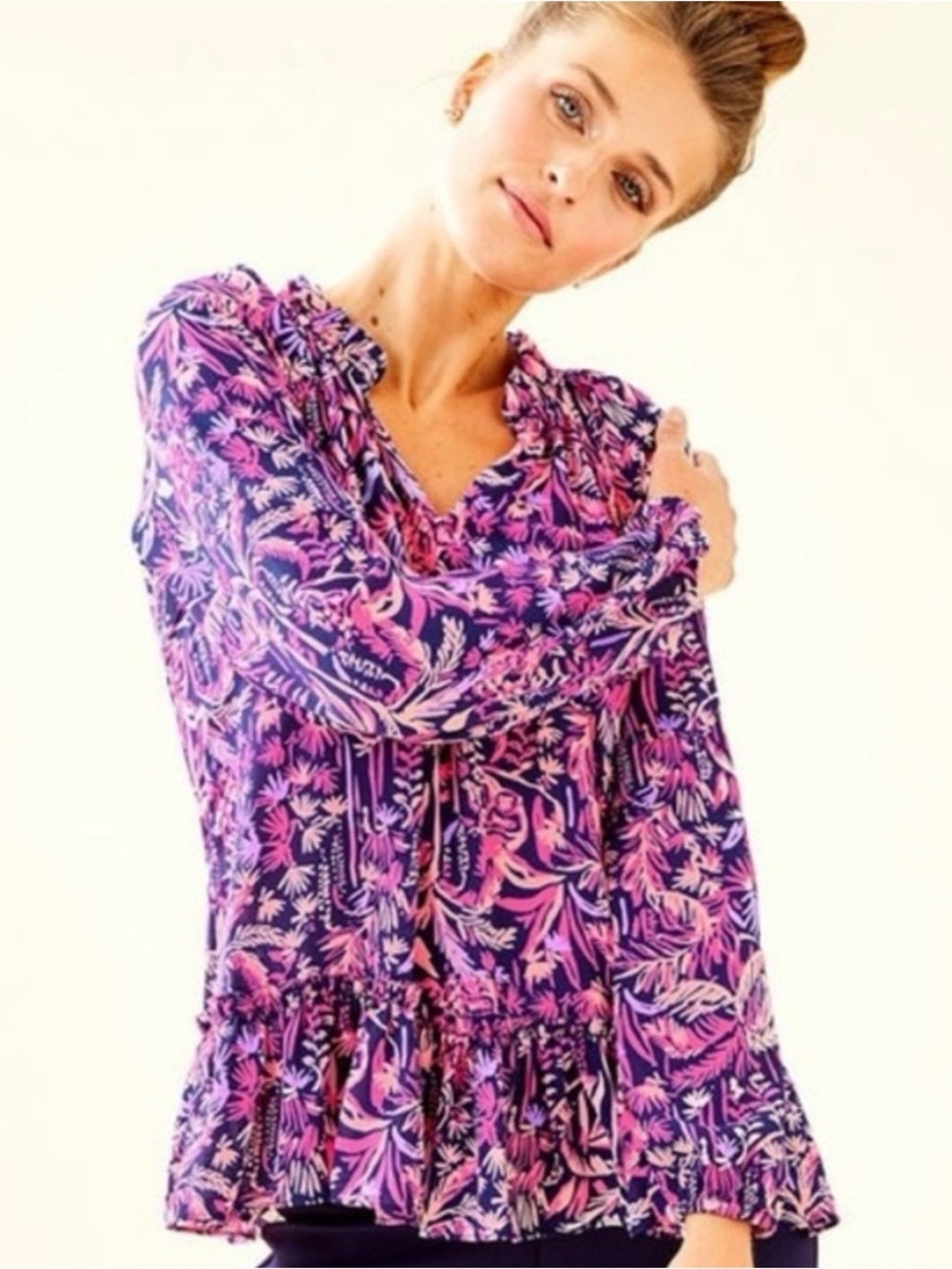 Lilly Pulitzer Purple and Pink Floral Ruffle Blouse